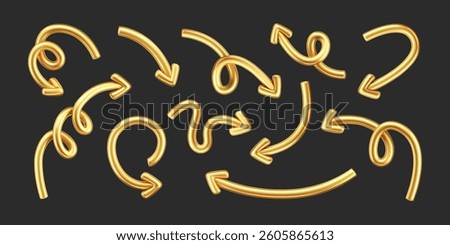 3D gold doodle arrow set in Y2K style, isolated on a dark background. Render of 3D golden liquid curve and swirl arrows, rotating up, down, and right with metal shine effect. 3D vector Y2K figure