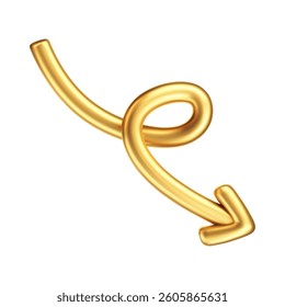 3D gold doodle arrow in Y2K style, isolated on a white background. Render of 3D golden liquid curve and swirl arrow, rotating up, down, and right with a metal shine effect. 3D vector Y2K figure