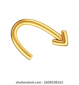 3D gold doodle arrow in Y2K style, isolated on a white background. Render of 3D golden liquid curve and swirl arrow, rotating up, down, and right with a metal shine effect. 3D vector Y2K figure