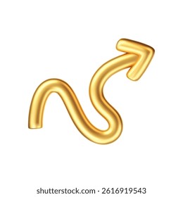 3D gold doodle arrow in Y2K style, isolated on a white background. Render of 3D golden liquid curve and swirl arrow, rotating up, down, and right with a metal shine effect. 3D vector Y2K figure
