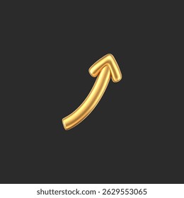3D gold doodle arrow in Y2K style, isolated on a dark background. Render of 3D golden liquid curve and swirl arrow, rotating up, down, and right with a metal shine effect. 3D vector Y2K figure