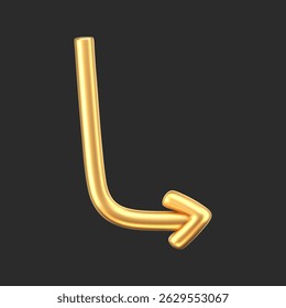 3D gold doodle arrow in Y2K style, isolated on a dark background. Render of 3D golden liquid curve and swirl arrow, rotating up, down, and right with a metal shine effect. 3D vector Y2K figure