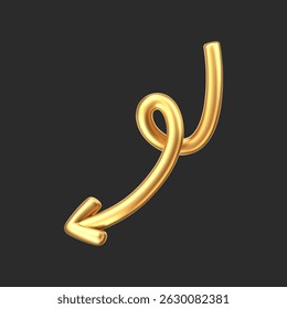 3D gold doodle arrow in Y2K style, isolated on a dark background. Render of 3D golden liquid curve and swirl arrow, rotating up, down, and right with a metal shine effect. 3D vector Y2K figure