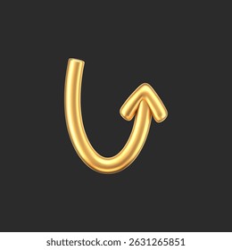 3D gold doodle arrow in Y2K style, isolated on a dark background. Render of 3D golden liquid curve and swirl arrow, rotating up, down, and right with a metal shine effect. 3D vector Y2K figure