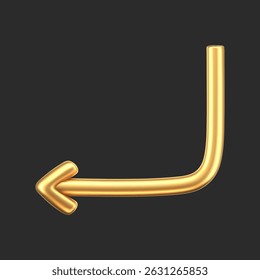 3D gold doodle arrow in Y2K style, isolated on a dark background. Render of 3D golden liquid curve and swirl arrow, rotating up, down, and right with a metal shine effect. 3D vector Y2K figure