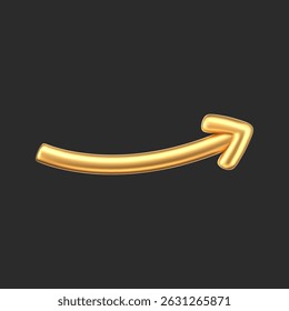 3D gold doodle arrow in Y2K style, isolated on a dark background. Render of 3D golden liquid curve and swirl arrow, rotating up, down, and right with a metal shine effect. 3D vector Y2K figure