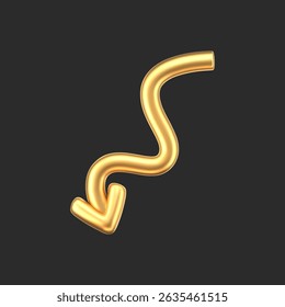 3D gold doodle arrow in Y2K style, isolated on a dark background. Render of 3D golden liquid curve and swirl arrow, rotating up, down, and right with a metal shine effect. 3D vector Y2K figure