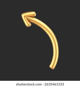 3D gold doodle arrow in Y2K style, isolated on a dark background. Render of 3D golden liquid curve and swirl arrow, rotating up, down, and right with a metal shine effect. 3D vector Y2K figure