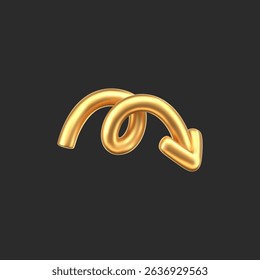 3D gold doodle arrow in Y2K style, isolated on a dark background. Render of 3D golden liquid curve and swirl arrow, rotating up, down, and right with a metal shine effect. 3D vector Y2K figure