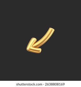 3D gold doodle arrow in Y2K style, isolated on a dark background. Render of 3D golden liquid curve and swirl arrow, rotating up, down, and right with a metal shine effect. 3D vector Y2K figure