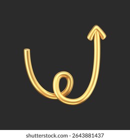 3D gold doodle arrow in Y2K style, isolated on a dark background. Render of 3D golden liquid curve and swirl arrow, rotating up, down, and right with a metal shine effect. 3D vector Y2K figure
