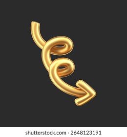 3D gold doodle arrow in Y2K style, isolated on a dark background. Render of 3D golden liquid curve and swirl arrow, rotating up, down, and right with a metal shine effect. 3D vector Y2K figure