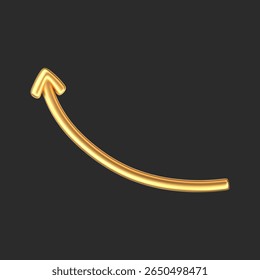 3D gold doodle arrow in Y2K style, isolated on a dark background. Render of 3D golden liquid curve and swirl arrow, rotating up, down, and right with a metal shine effect. 3D vector Y2K figure