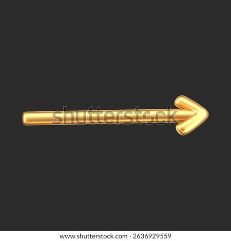 3D gold doodle arrow in Y2K style, isolated on a dark background. Render of 3D golden liquid curve and swirl arrow, rotating up, down, and right with a metal shine effect. 3D vector Y2K figure