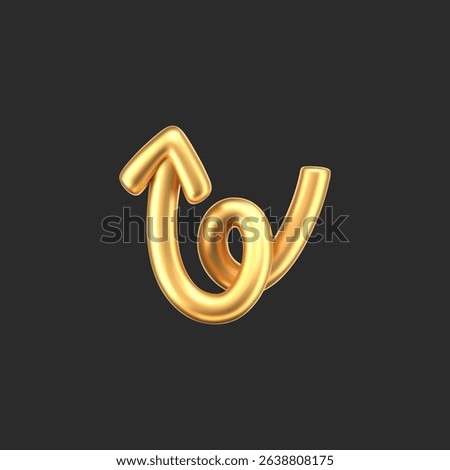 3D gold doodle arrow in Y2K style, isolated on a dark background. Render of 3D golden liquid curve and swirl arrow, rotating up, down, and right with a metal shine effect. 3D vector Y2K figure