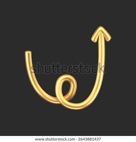 3D gold doodle arrow in Y2K style, isolated on a dark background. Render of 3D golden liquid curve and swirl arrow, rotating up, down, and right with a metal shine effect. 3D vector Y2K figure