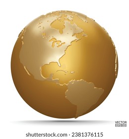 3D gold Earth Globes with shadow on white background. Golden Modern world map. World planet. Travel around the world, Earth Day, or environment conservation concept. 3D vector illustration.