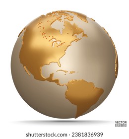 Globos de la Tierra de oro 3D con sombra sobre fondo blanco. Mapa del mundo Golden Modern. Planeta mundial. Viaja por el mundo, el Día de la Tierra o el concepto de conservación del medio ambiente. Ilustración vectorial 3D.