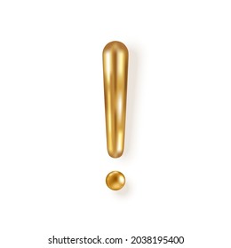 3d gold exclamation mark isolated on white background. Vector illustration. Golden attention sign icon