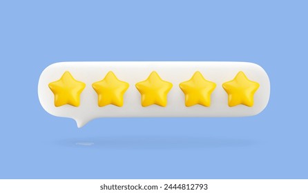 3d gold five stars in white speech bubble. Realistic render of customer review, best rating, positive feedback concept. 3d quality service symbol on blue background with shadow.