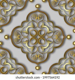 3d gold floral seamless pattern. Vintage ornamental vector background. Luxury repeat backdrop. Ornate golden Damask ornaments. Decorative design with flowers, shadows. For decoration, wallpapers.