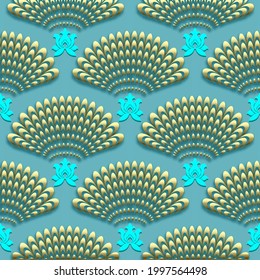 3 d patrón dorado sin costuras. Fondo nectorial ornamental azul claro de lujo. Repetir el fondo Deco ornamentado. Ornamentos dorados florales de superficie. Resumen de diseño decorativo moderno con flores y formas.