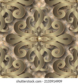 3d gold floral seamless pattern. Textured grunge mosaic background. Modern repeat vector backdrop. Vintage 3d swirls ornaments. Jewelry luxury ornate design. Golden swirl flowers, leaves, 3d buttons.