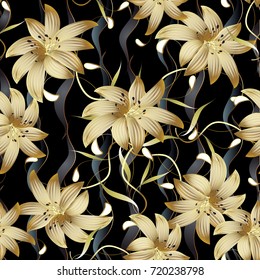 3d Gold Floral Seamless Pattern. Abstract Floral Black Vector Background. Modern Surface Gold 3d Flowers Wallpaper. Vintage 3d Paisley Flowers. Vertical Waves. Swirl Line Art Tracery Elegance Leaves