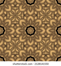Flores de oro en 3d sin costura. Fondo floral ornamental vectorial. Repetir el contexto decorativo de estilo étnico tribal. Resumen de adornos de flores 3d. Ronda mandalas. Textura interminable de la superficie ornamentada.