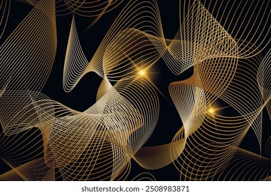 3d gold flowing glow lines, curves, and waves beautiful luxury pattern background illustration. Glowing modern decoration with flow line art ornaments and  glowing golden stars. Ornate textured design