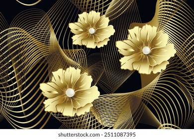 3d gold flowing glow lines, curves,  flowers with pearls beautiful luxury jewelry pattern background illustration. Glowing modern 3d decoration with shiny flow liquid line art ornaments, gemstones.  