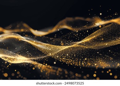 3d Gold flowing lines, waves and golden glitter on black bokeh background. Luxury golden flow wavy lines glowing pattern with gold sparckles. Shiny decorative ornate modern design. Beautiful ornaments