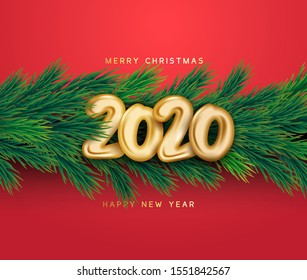 3d gold foil balloon happy new year 2020 with realistic christmas tree branches vector background illustration