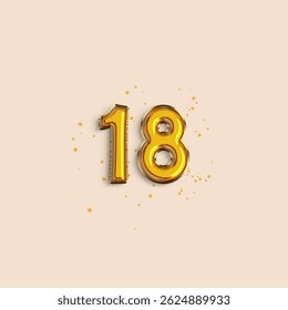 3D gold foil balloon number 18 isolated on beige background with star confetti, perfect for birthday, anniversary, or celebration greeting card.