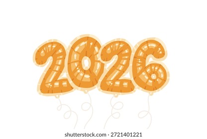 3d Gold Foil Inflatable Balloons. Merry Christmas and Happy New Year 2026 greeting card. Flat semi realistic Vector illustration