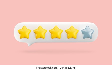 3d gold four stars out of five in white speech bubble. Realistic render of customer review, rating, feedback concept. 3d quality service symbol on pink background with shadow.