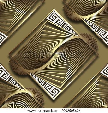 3d gold fractals seamless pattern. Vector ornamental elegant background. Repeat golden backdrop. Trendy creative ornaments. Abstract modern design. Greek key, meander, lines, shapes, fractal, shadows.
