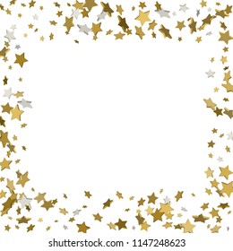 3d gold frame or border of random scatter golden stars on white background. Design element for festive banner, birthday and greeting card, postcard, wedding invitation. Vector illustration