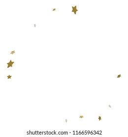 3d gold frame or border of random scatter golden stars on white background. Design element for festive banner, birthday and greeting card, postcard, wedding invitation. Vector illustration