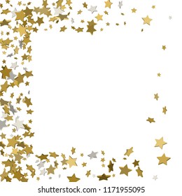3d gold frame or border of random scatter golden stars on white background. Design element for festive banner, birthday and greeting card, postcard, wedding invitation. Vector illustration