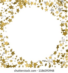 3d gold frame or border of random scatter golden stars on white background. Design element for festive banner, birthday and greeting card, postcard, wedding invitation. Vector illustration