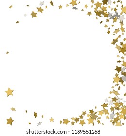 3d gold frame or border of random scatter golden stars on white background. Design element for festive banner, birthday and greeting card, postcard, wedding invitation. Vector illustration