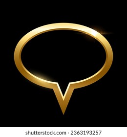 3D gold frame of speech bubble vector illustration. Realistic glossy golden balloon of social media chat on black background, elegant shiny dialog conversation cloud template with glow light effect.