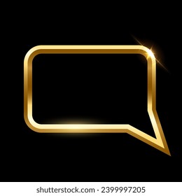 3D gold frame of speech bubble vector illustration. Realistic glossy golden balloon of social media chat on black background, elegant shiny dialog conversation cloud template with glow light effect.