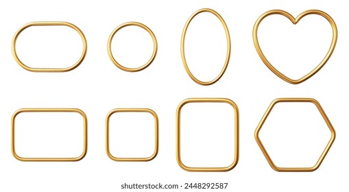 3d gold frames set of geometric shapes: circle, oval, rectangle, square, heart, hexagon. Realistic shiny golden border collection. Stock vector illustration on isolated background.