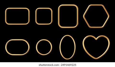 3d gold frames set of geometric shapes: circle, oval, rectangle, square, heart, hexagon. Realistic shiny golden border collection. Stock vector illustration on black isolated background.