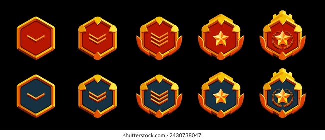 3d gold game level rank set. Realistic style and two base colors: red and blue. Stars and crown.