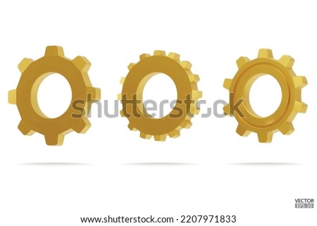 3D gold Gear icon set. Golden Transmission cogwheels and gears are isolated on white background. Yellow Machine gear, setting symbol, Repair, and optimize workflow concept. 3d vector illustration.