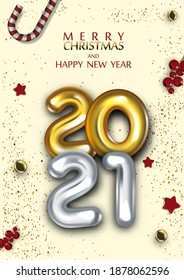 3D Gold Gel Balloons Numbers Two Thousand Twenty One. 2021 New Year Christmas Template. EPS10 Vector