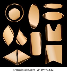 3d gold geometric shapes. Ring, circle, oval, triangle, flag and leaf isolated on black background. Decorative elements for design. Vector realistic illustration